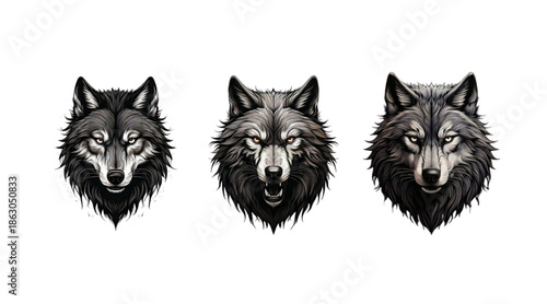 Realistic Wolf Head Portrait Illustration Collection Isolated on White