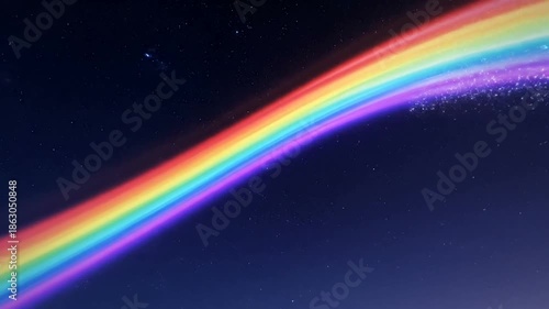 Colorful rainbow arcing across a starry night sky with shimmering particles