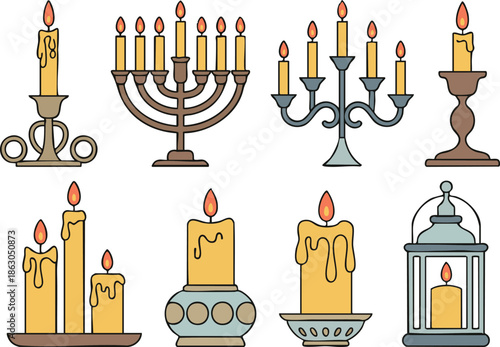 Retro ancient candlesticks, wax candle vintage holders. Medieval candelabra and candle stick set