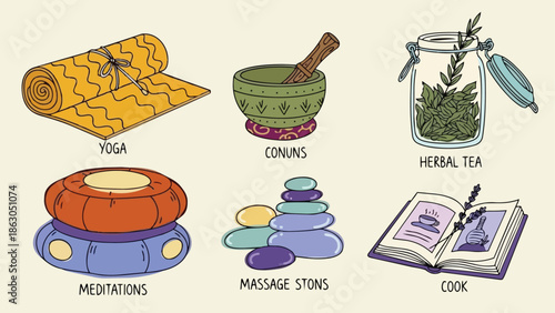 Hand drawn colorful wellness icons including yoga mat, mortar and pestle, herbal tea jar, meditation cushion, massage stones, and recipe book illustration