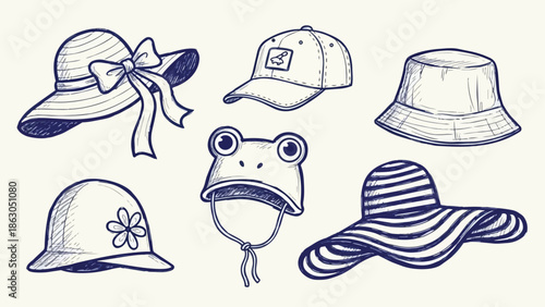 Hand drawn sketch collection of six different types of hats including sun hat, baseball cap, frog hat, bucket hat, flower helmet, and striped wide brim hat
