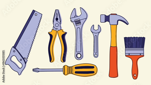 Colorful vector art of hand tools set including saw pliers adjustable wrench screwdriver hammer and paintbrush on light background