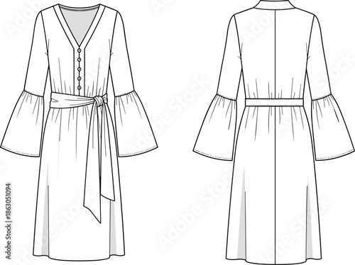 Technical flat sketch of a bell sleeve dress front and back view, fashion template for apparel design, belted midi dress.