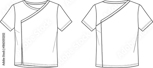 Technical flat sketch of asymmetric wrap top front and back view, fashion template for apparel design, medical scrub style tunic.