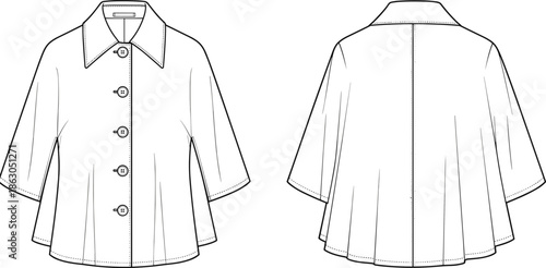 Technical flat sketch of button front swing jacket front and back view, fashion template for apparel design, cropped cape coat.
