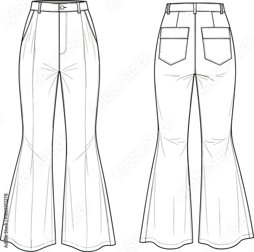 Technical flat sketch of high waisted flare trousers front and back view, fashion template for apparel design, denim bell bottoms.