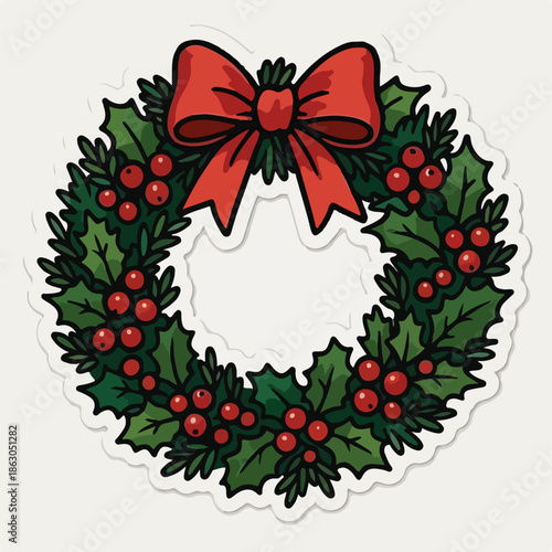 Christmas Wreath Icon with Holly Leaves, Red Bow, and Berries