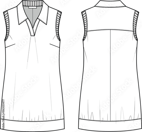 Technical flat sketch of sleeveless collared tunic front and back view, fashion template for apparel design, pleated shift dress outline.
