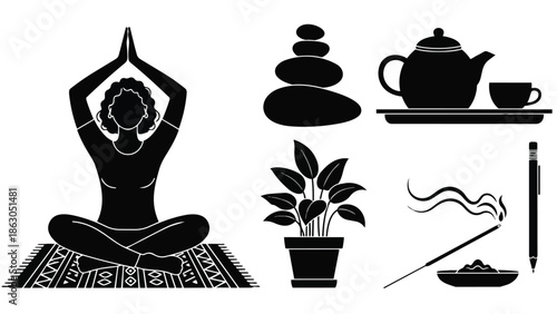 Silhouette vector art of woman meditating in lotus pose on patterned rug with incense burning tea set plant and stacked stones
