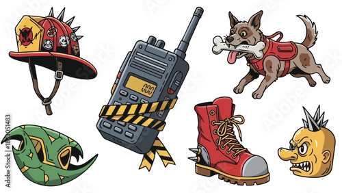 Colorful punk style cartoon helmet radio dog with bone red boot and angry mohawk human head vector art set