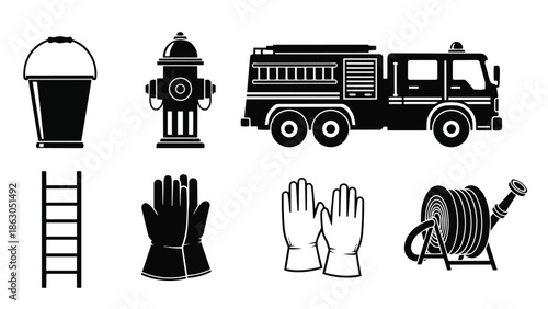 Black silhouette vector fire truck with fire hydrant, firefighter gloves, ladder, bucket, and hose reel in emergency service equipment collection