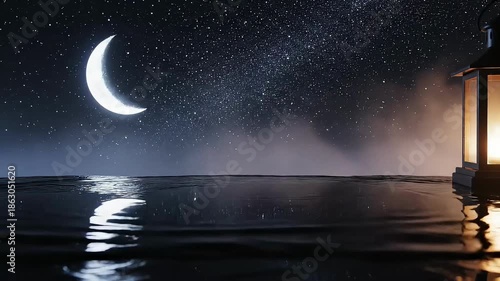 Crescent Moon Reflection With Lantern Night Background