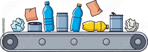 Conveyor belt carrying plastic bottles, metal cans, and crumpled paper