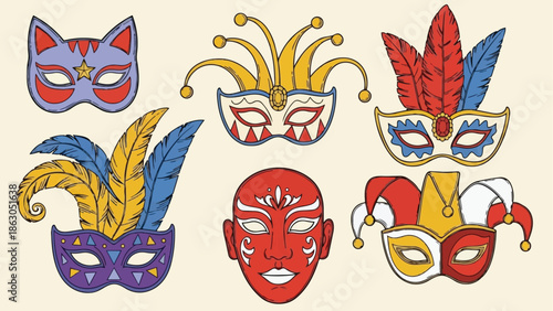 Colorful carnival masks collection flat design with feathers and decorative jester hat in festive party style