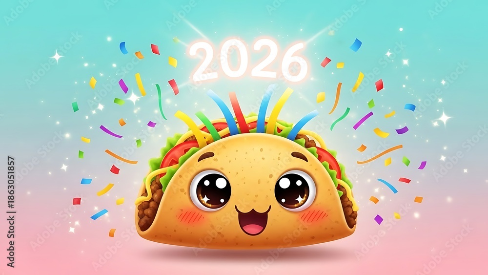 Naklejka premium A colorful taco with a smiling face celebrates a festive event with confetti and streamers.