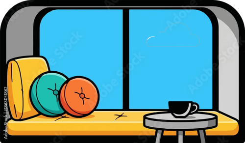 Cozy window seat with bright cushions, a small table with a coffee cup, and a sky view