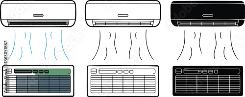 Air conditioner silhouette & Outline and illustration set isolated on transparent background