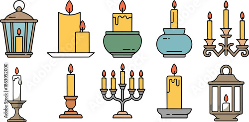 Retro ancient candlesticks, wax candle vintage holders. Medieval candelabra and candle stick set