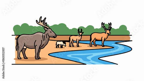 Diverse hoofed animals (moose, deer, fawn) gather by a winding river, backed by green foliage