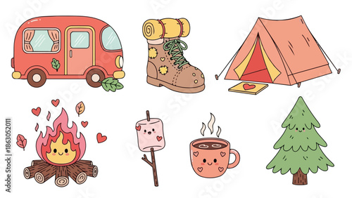 Cute camping themed vector art set including smiling campfire, pink tent, hiking boot, camper van, steaming mug and marshmallow on stick