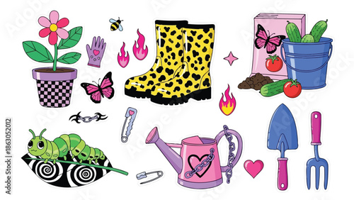 Colorful flat design gardening tools and plant elements including leopard print boots, watering can, gloves, caterpillar, and vegetables with whimsical accents