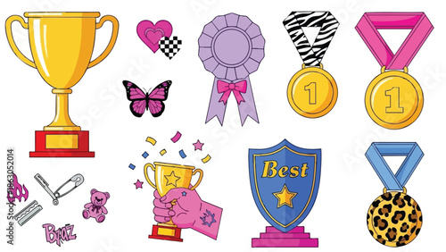 Colorful vector art collection of trophies, medals, awards, ribbons and decorative icons with vibrant pink and gold tones