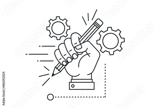 A hand holding a pencil with gears in the background creating a mechanical design