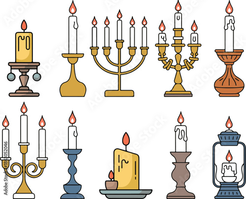 Retro ancient candlesticks, wax candle vintage holders. Medieval candelabra and candle stick set