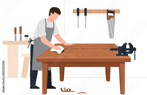 Craftsman polishing wooden table in workshop