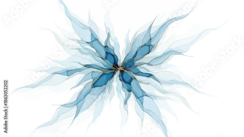 Abstract blue floral ink painting with ethereal watery texture and modern design