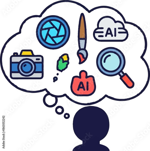 Creative thought bubble with AI, camera, paintbrush, lens, and magnifying glass