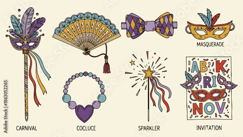 Hand drawn colorful carnival accessories including feathered mask fan bow tie heart bracelet sparkling wand invitation card