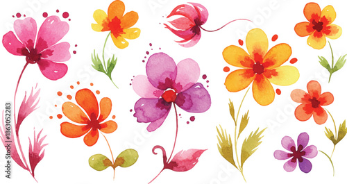 A vibrant collection of colorful flowers and leaves in a whimsical illustration on a white background from a top-down viewpoint