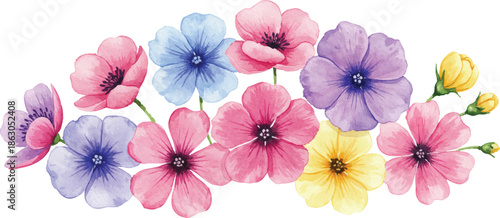 Vibrant flowers arranged in a colorful bouquet on a white background from a top-down viewpoint