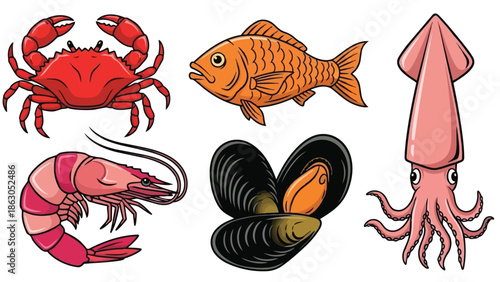 Colorful seafood vector art featuring red crab, orange fish, pink shrimp, black mussels, and pink squid isolated on white background