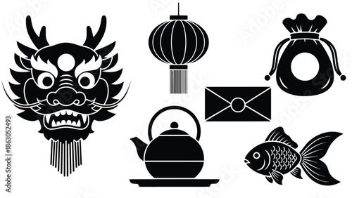 Black silhouette vector art of traditional dragon head lantern teapot money bag goldfish and envelope symbols collection