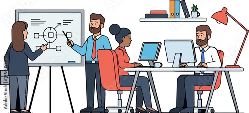 Diverse office team collaborating. One presents flowchart, two work on computers, one observes