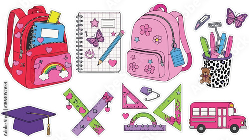 Colorful vector art of pink and red school backpacks with stationery, rulers, notebooks, pencil cup, and a purple graduation cap