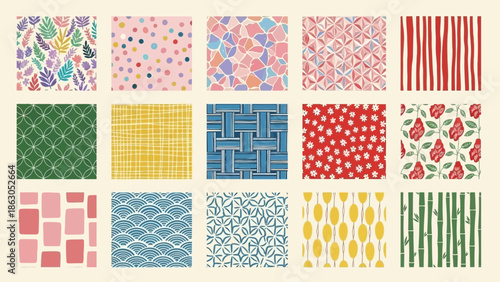 Collection of fifteen seamless patterns featuring diverse colors and simple shapes