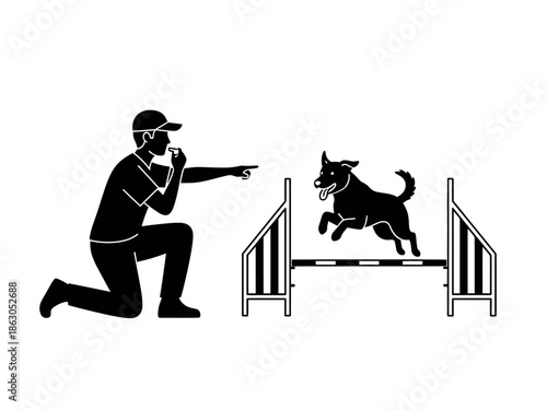 Man guiding dog over obstacle in training exercise with clear direction and focus
