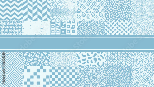 Collection of geometric and abstract patterns in light blue pastel colors