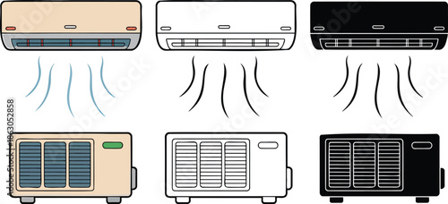 Air conditioner silhouette & Outline and illustration set isolated on transparent background