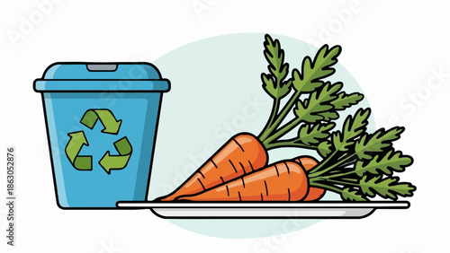 Blue bin with recycle symbol next to fresh carrots on a plate