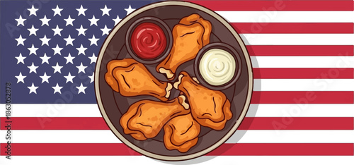 Crispy chicken wings and dipping sauces served on a plate with a starry flag background