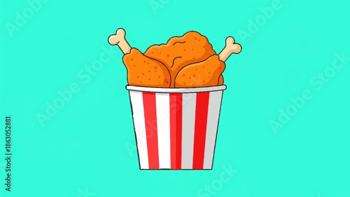 Crispy fried chicken pieces piled high in a red and white striped bucket against a teal background