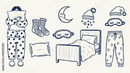 Hand drawn sketch style pajamas and bedroom accessories set including girl hugging pillow, striped socks, moon, sleeping mask, and heart patterned sleepwear