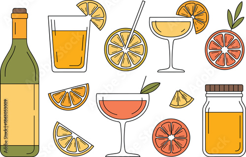 Refreshing Citrus Drinks and Fruit Slices Pattern Vector Illustration, Featuring Cocktails, Juice, Bottle, and Jar with Oranges and Grapefruits, Perfect for Summer Refreshments and Beverage Branding