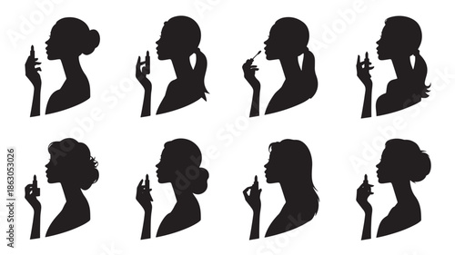 Black Silhouettes of Women Applying Makeup on White Background