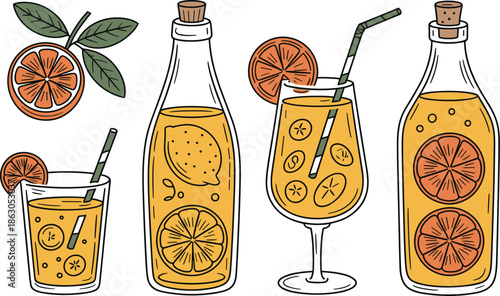 Citrus Drinks Vector Illustration: Oranges, Lemons, Juice Bottles, Glasses, and Slices. Refreshing Beverages Collection with Fruit Elements and Straws. Perfect for Summer Themes, Food Packaging