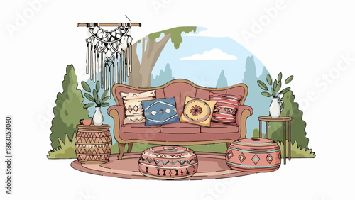 Bohemian outdoor seating area with a patterned sofa, cushions, ottomans, and plant